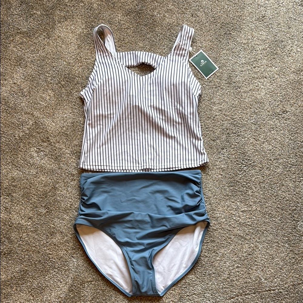 Striped Tankini Top and Blue High-Waist Bottom Swim Set